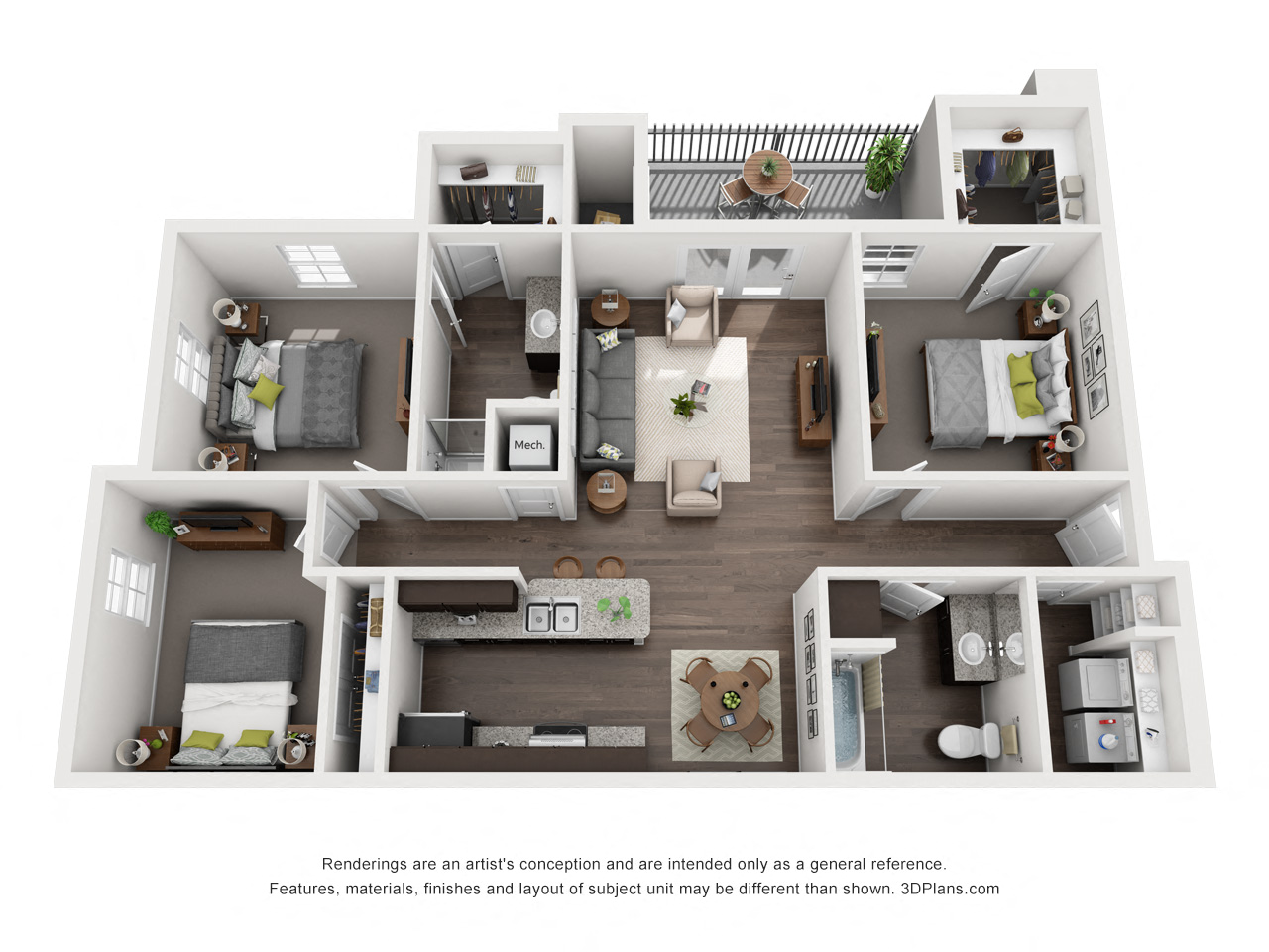 Floor plan for 3 beds, 2 baths, 1136 sqft